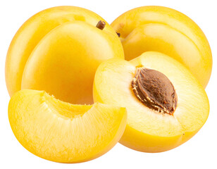 Fresh, ripe yellow fruits sliced open to reveal their juicy interior and seed, perfect for healthy snacking and desserts.