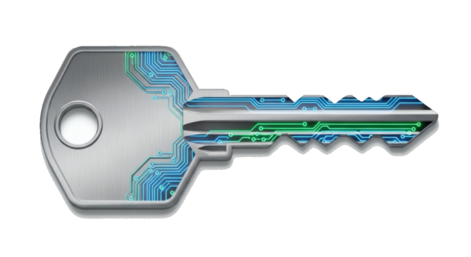 Digital Key with Transparent Overlay Revealing Circuitry, Symbolizing Security and Technology Access