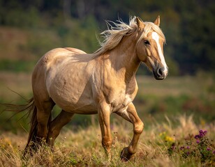 Obraz premium Golden horse galloping in field