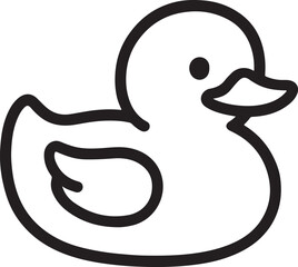 Simple black outline icon of a rubber duck on a white background Keywords: rubber duck, toy, bath toy, icon