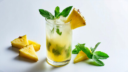 Refreshing pineapple mojito with mint leaves and ice cubes served in tall glass, pineapple mojito decorated with pineapple slices on clean white background, tropical cocktail modern summer style