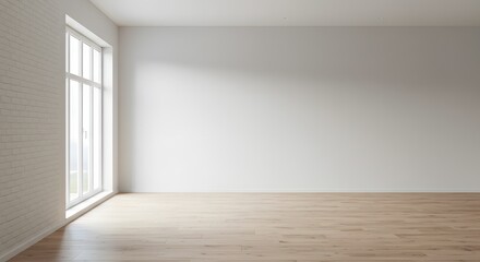 Modern Empty Room Interior with White Brick Wall and Large Window