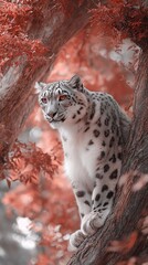 Majestic Snow Leopard in Crimson Autumn