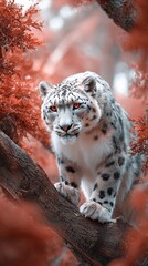 Majestic Snow Leopard in Crimson Autumn