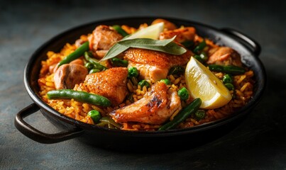 Fototapeta premium Tasty Chicken Paella Dish With Lemon and Herbs