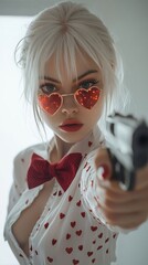Playful Rebellion: Heart-Themed Style Meets Provocative Attitude