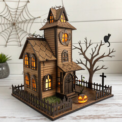Halloween Haunted House Miniature with Spooky Tree and Glowing Lights, Halloween house scene lamp laser png