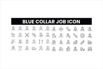 Blue collar jobs icon set. Thin line editable stroke icons for skilled trades, manual labor, essential workers, industry, public services, and field operations 