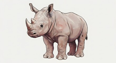 Obraz premium Watercolor Illustration of a Young White Rhinoceros Calf