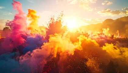 Fototapeta premium A magical Holi scene with vibrant clouds of powdered colors floating in the air, illuminated by golden sunlight, creating a surreal festival glow