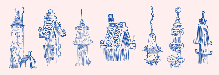 Fantasy Tower Vector Collection Hand-Drawn Fairytale Architecture Set