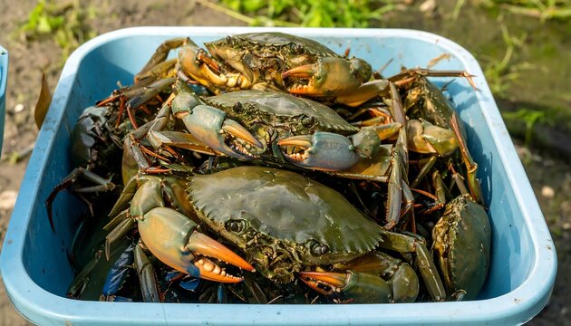Fresh crabs in a plastic container
