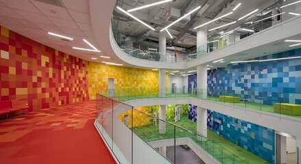 Modern Multi-Level Interior with Colorful Geometric Walls and Glass Railings