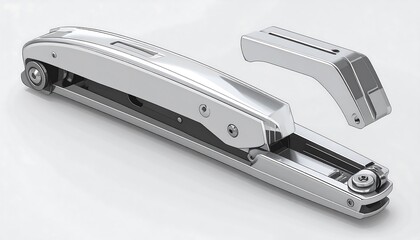 Modern stapler, open, metallic