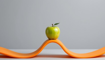 a green apple balancing on orange wavy lines, minimal aesthetic.
