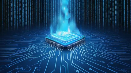 Brightly illuminated microchip glowing blue amid streams of binary code and electronic circuits, symbolizing advanced technology, computing power, and cutting-edge achievements of the digital industry