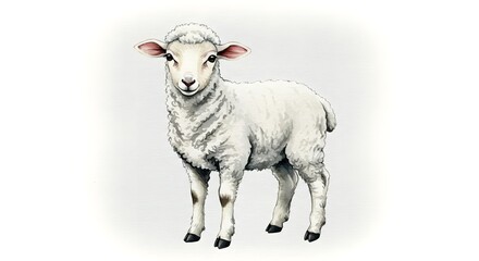 Fototapeta premium Watercolor Painting of a Young Lamb Standing on a White Background