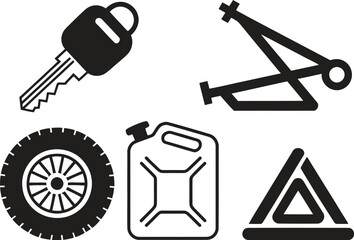 Car emergency kit icons including a key tire gas can jack and warning triangle