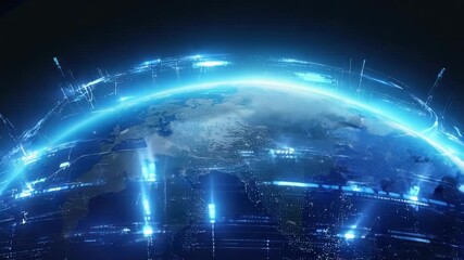 Futuristic view of Earth from space, illuminated by glowing digital data streams and network overlays, global communication, advanced technology, high-speed connectivity, and information exchange. - Powered by Adobe