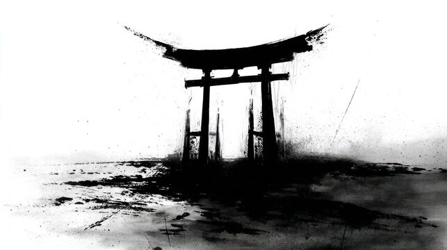 Japanese torii gate ink wash painting