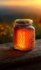 Golden Honey Jar Sits on Wood During Sunset