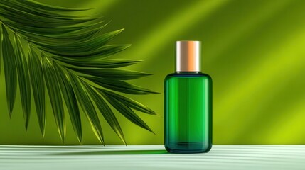 Green Bottle and Palm Leaf Against Green Background