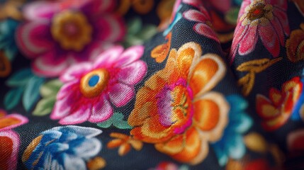 Naklejka premium Closeup of vibrant floral fabric pattern with sharp focus on petals blurred background enhancing intricate texture and rich colors in medium shot.