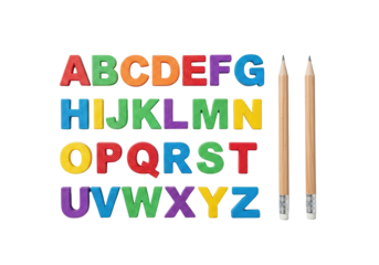 Uppercase English alphabet letters A-Z, multi-colored plastic & rubber, glossy, with a natural wood pencil, all on a seamless transparent background, top-down flat lay, educational toy concept