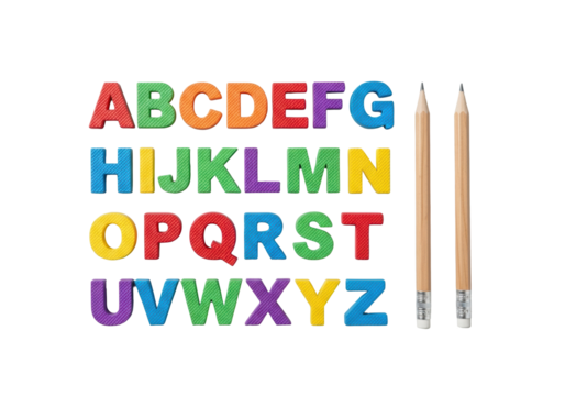 Uppercase English alphabet letters A-Z, multi-colored plastic & rubber, glossy, with a natural wood pencil, all on a seamless transparent background, top-down flat lay, educational toy concept