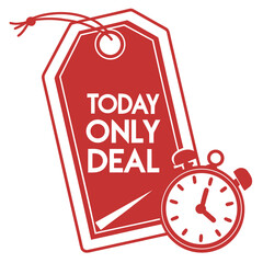 Red tag with today only deal text and a stopwatch illustration representing a limited time offer for a special promotion and discount event