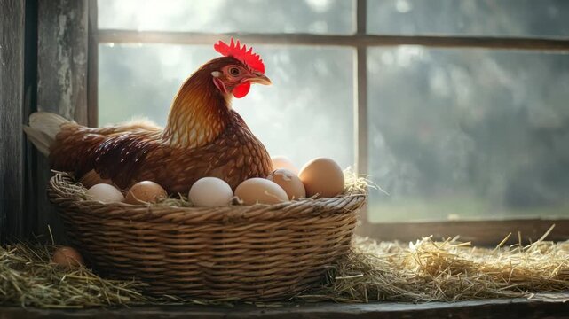 A hen resting in a basket filled with eggs by a window
