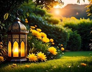 In the middle of a lush, green garden stands a burning lantern with an elaborate oriental pattern.