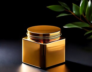 A glossy surface, high contrast lighting, a simple design, and a gold metal cosmatic container