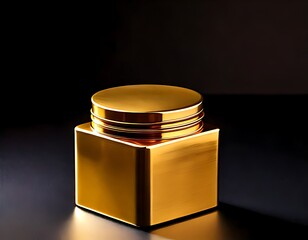 A glossy surface, high contrast lighting, a simple design, and a gold metal cosmatic container