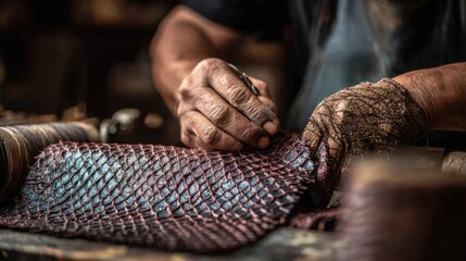 Closeup on hands crafting fish skin leather with detailed texture main object sharp against a softly blurred workshop background emphasizing sustainable exotic materials.