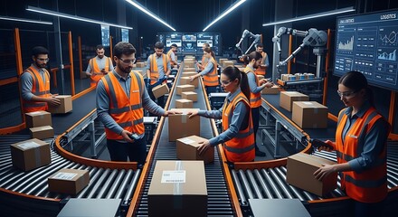 Automated warehouse with workers and robotic arms processing packages on conveyor belts