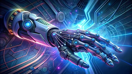 A futuristic robotic arm extends, showcasing intricate circuitry and vibrant neon lights in a digital realm