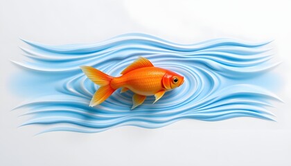 a goldfish placed above aqua ripple stripes, clean white background.