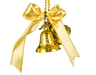 Elegant golden bells with a satin ribbon bow