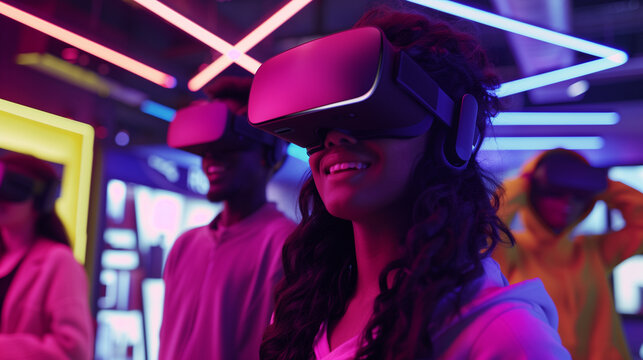 Group of diverse young adults wearing VR headsets in electronics store demo zone
