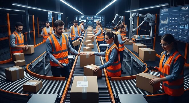 Automated warehouse with workers and robotic arms processing packages on conveyor belts