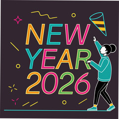 Celebrating new year 2026 with festive party popper and colorful decorations against a dark background for a fun and vibrant holiday invitation design