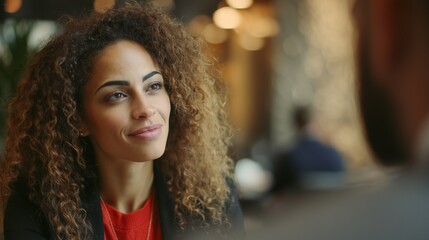 Fototapeta premium A woman with curly hair sits in a cozy cafe, while the man in the foreground engages in conversation. The woman's curly hair and the man create a relaxed cafe vibe.