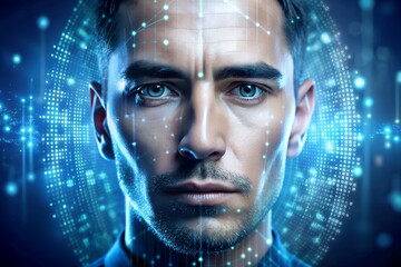 A handsome man with a digital interface overlay, representing advanced technology and futuristic concepts