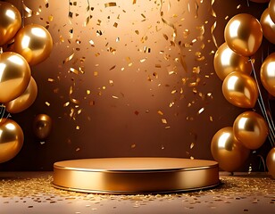 A golden 3D podium with confetti and balloons for a birthday party or celebration