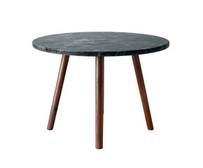 A dark gray round slate top coffee table with three wooden legs, isolated on transparent background