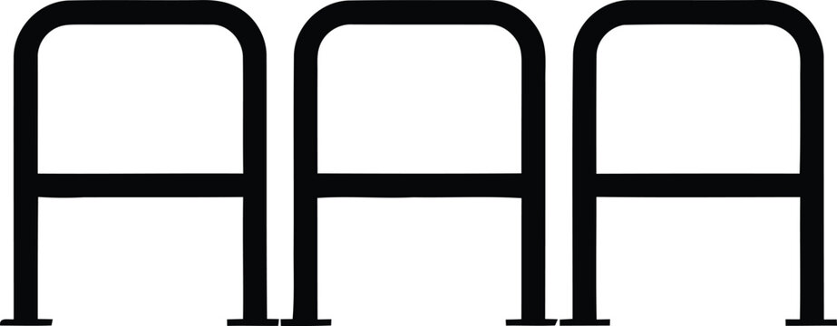 Three black bicycle racks arranged in a row on a white background