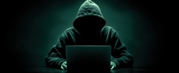 The hooded figure using a laptop in a darkened environment.