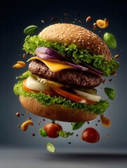 Delicious Burger With Vegetables and Cheese is Floating