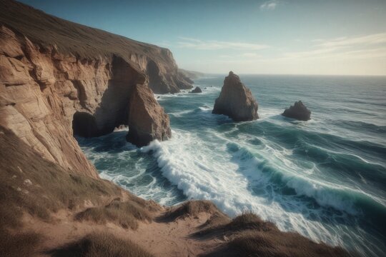 Schroffe K&uuml;stenlandschaft mit wilden Wellen und Felsen am Meer